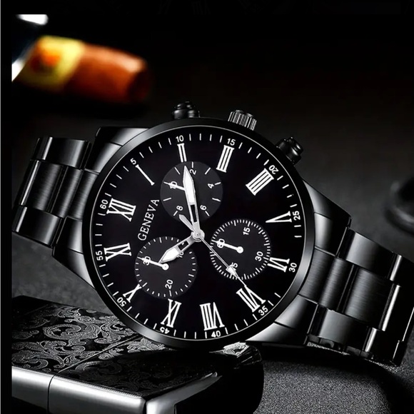 New Geneva Black Men’s Watch Set w/ Bracelet Ring Necklace Roman Numerals - Picture 1 of 8
